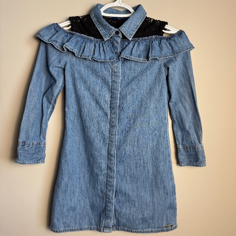 GUESS Girl's 8 Denim Cold Shoulder Button Front Jean‎ Dress Collared Lace Blue